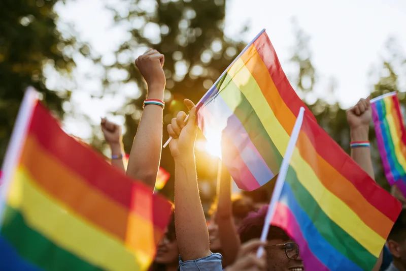 People waving rainbow pride flags and raising fists in outdoor celebration