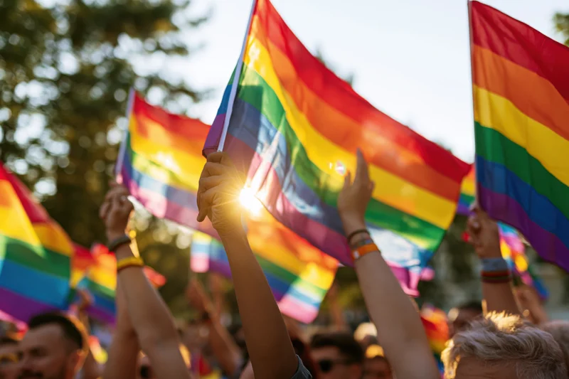 People waving rainbow pride flags in a public outdoor gathering during daytime