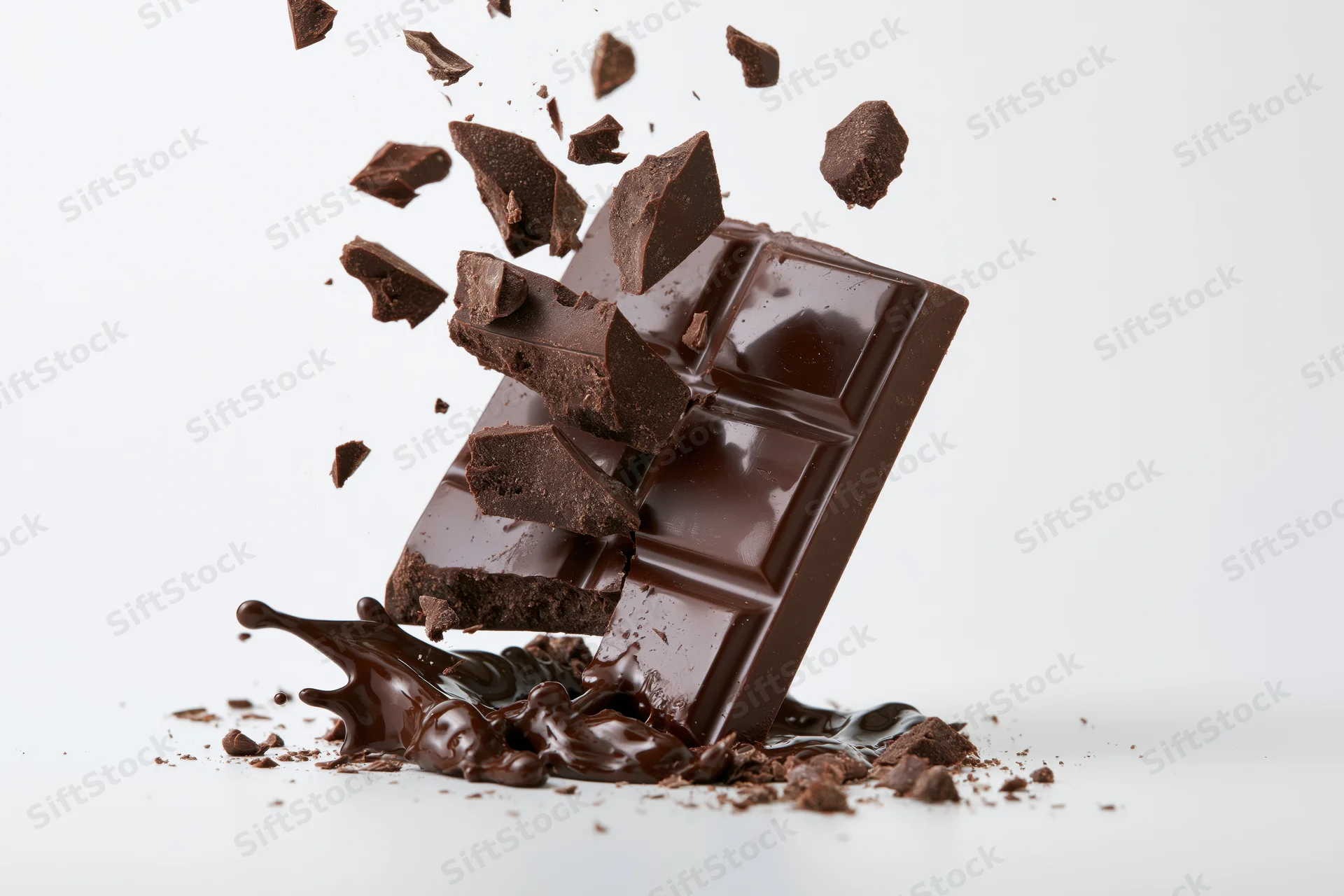 Dark chocolate bar breaking apart with chunks flying and melted chocolate splashing on white surface