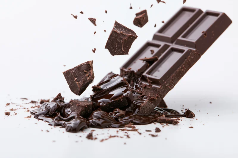 Dark chocolate bar breaking apart with chunks scattering midair on white background