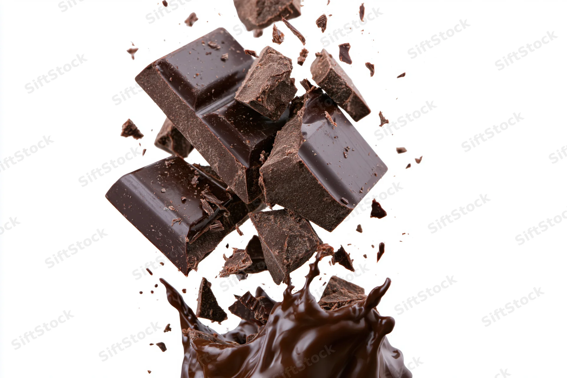 Dark chocolate bar breaking into chunks midair with liquid chocolate splashing below on white background