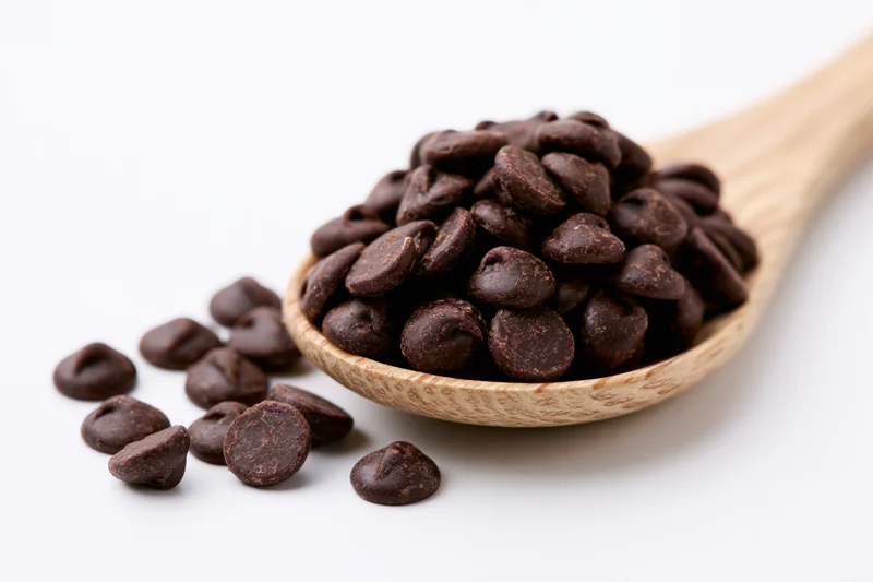 Dark chocolate chips piled in a wooden spoon with some scattered beside it on white background