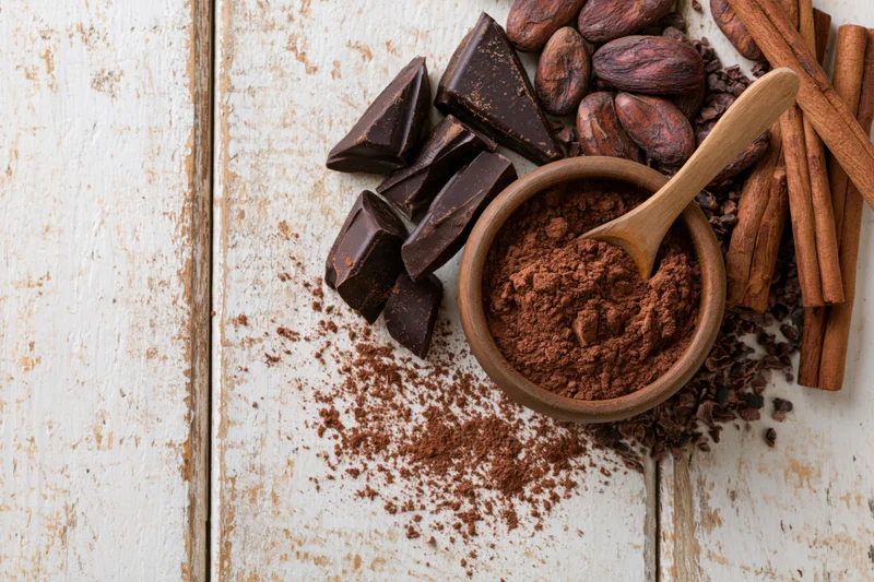 Dark chocolate chunks and cocoa powder in a wooden bowl with spoon on a rustic white wooden surface