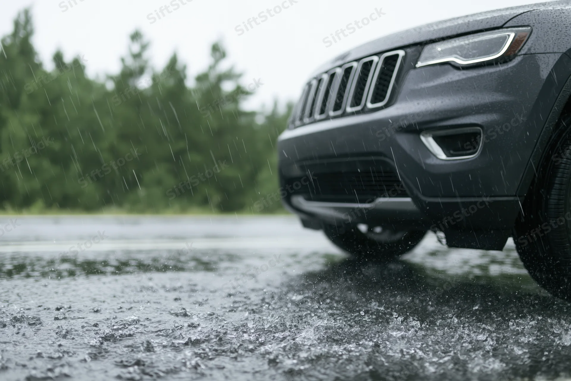 Dark grey suv parked on wet asphalt during heavy rain with forest in background