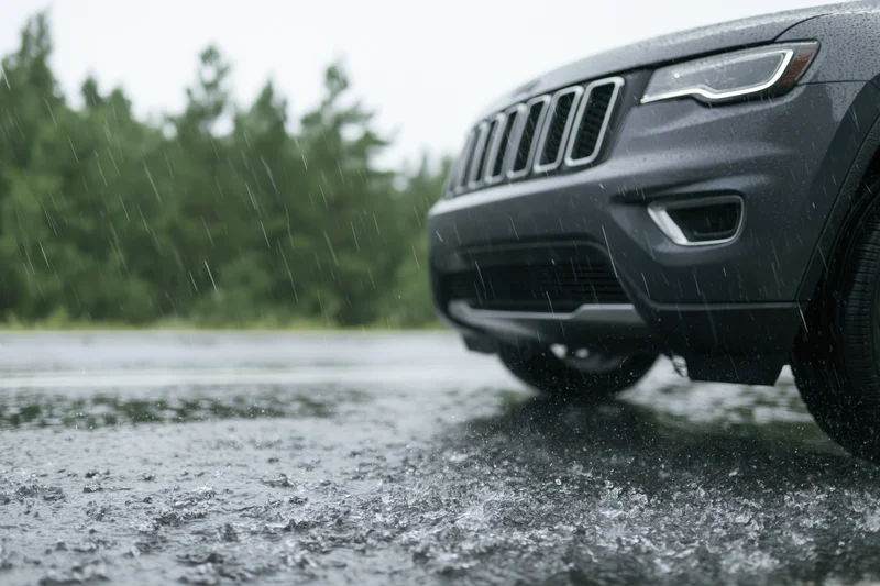 Dark grey suv parked on wet asphalt during heavy rain with forest in background