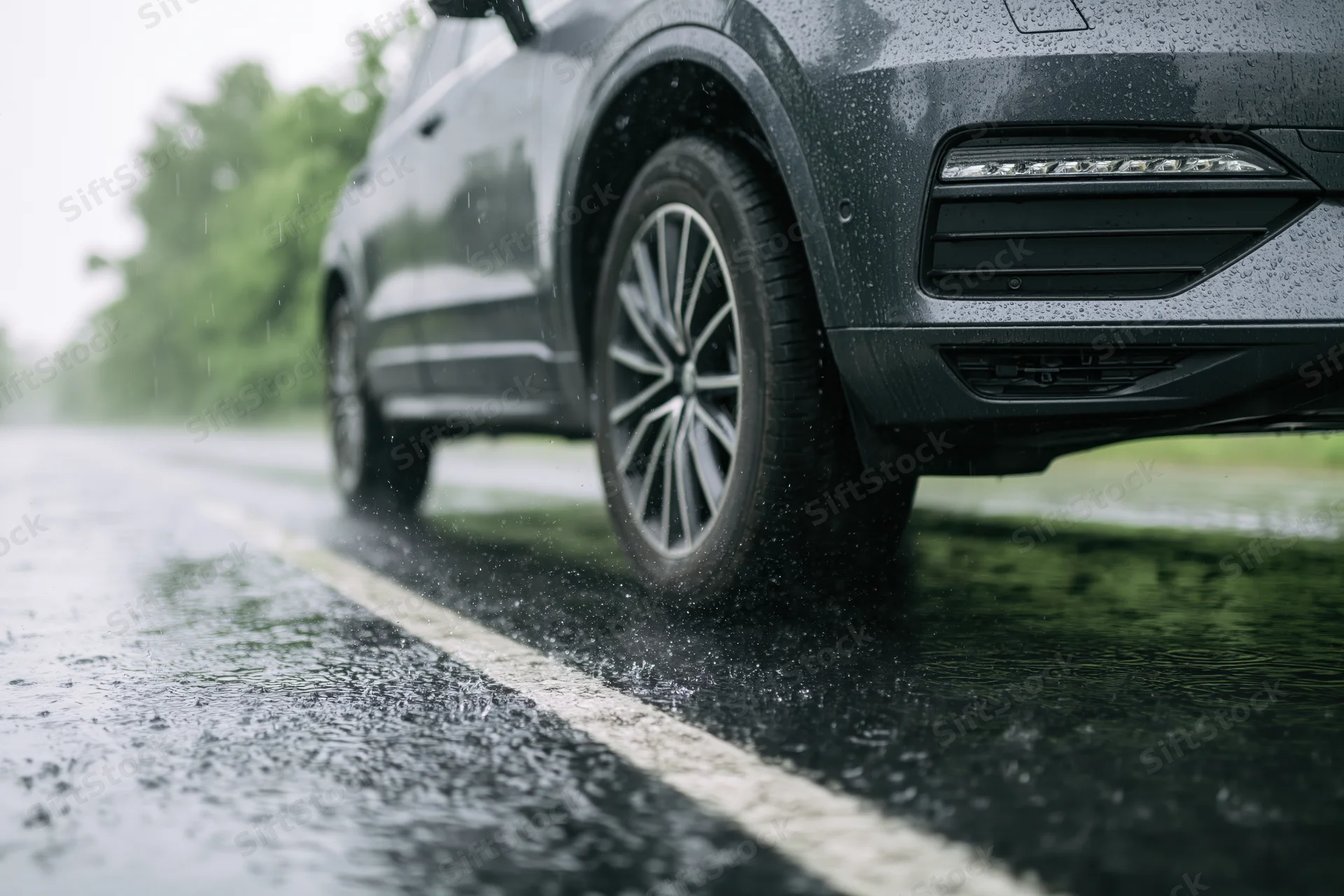 Dark grey suv driving on wet asphalt in heavy rain, low angle view of front wheel and grille