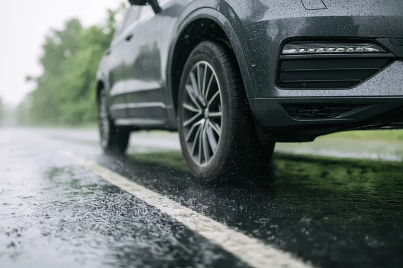 Dark grey suv driving on wet asphalt in heavy rain, low angle view of front wheel and grille