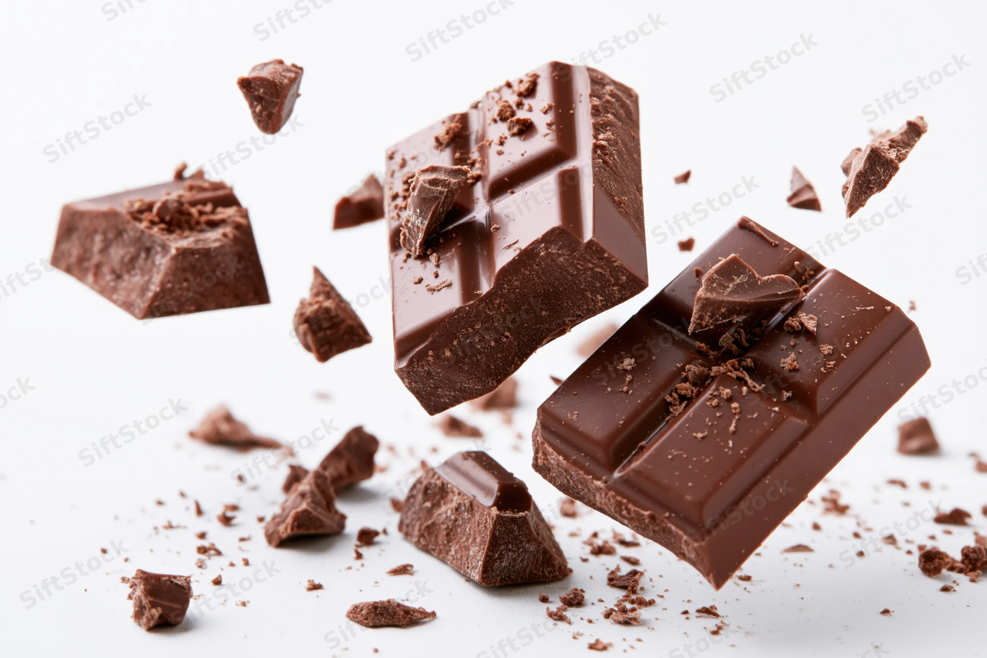 Dark milk chocolate bar broken into chunks and pieces suspended in midair against white background