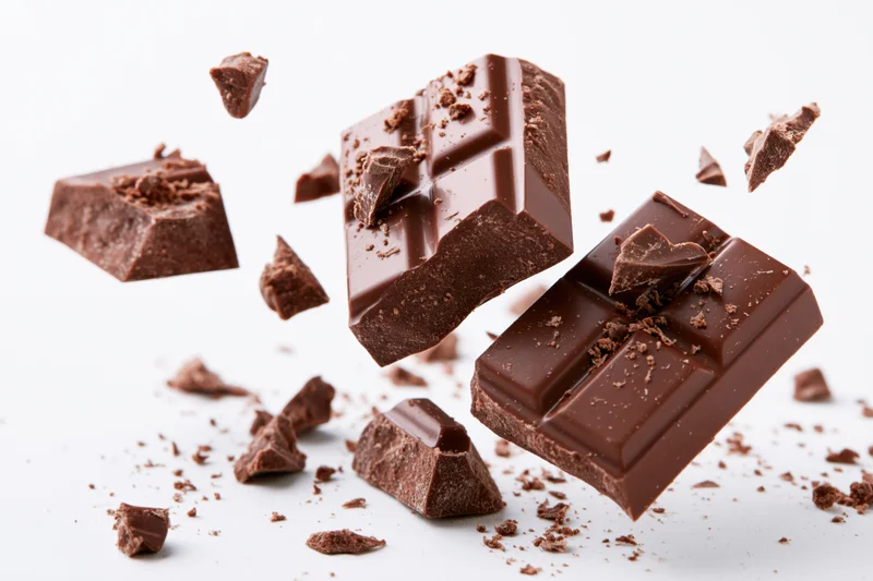 Dark milk chocolate bar broken into chunks and pieces suspended in midair against white background