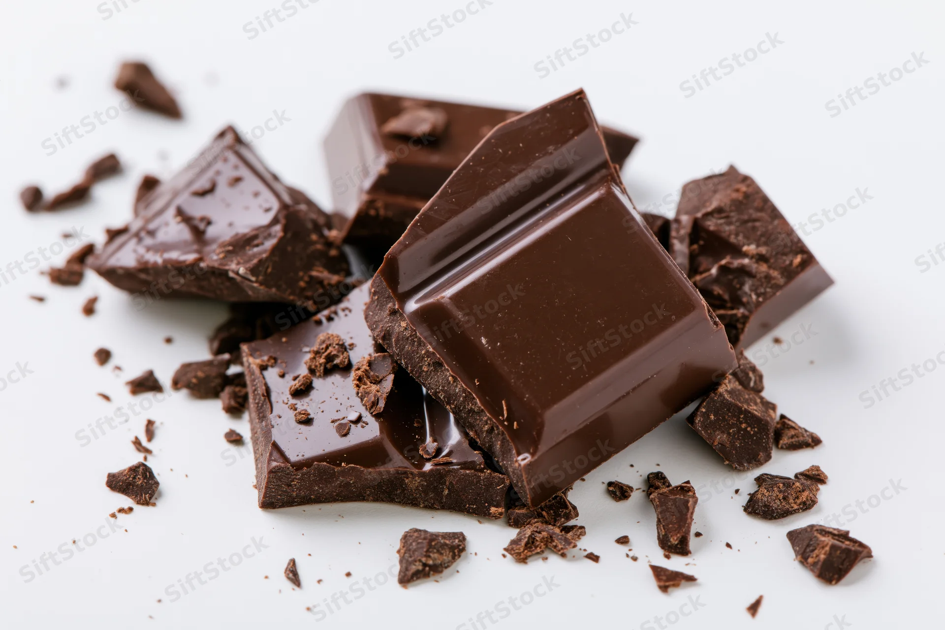 Broken dark milk chocolate bar pieces arranged on white background