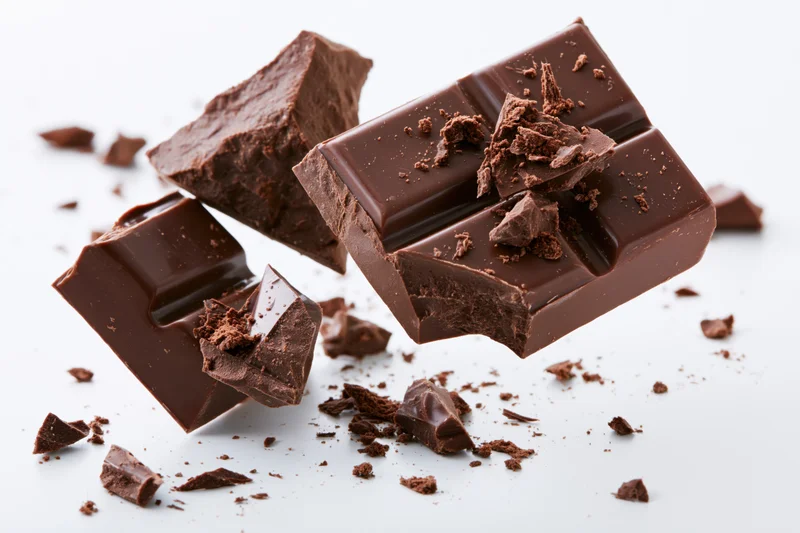 Broken dark milk chocolate bar with scattered chunks and crumbs on white background