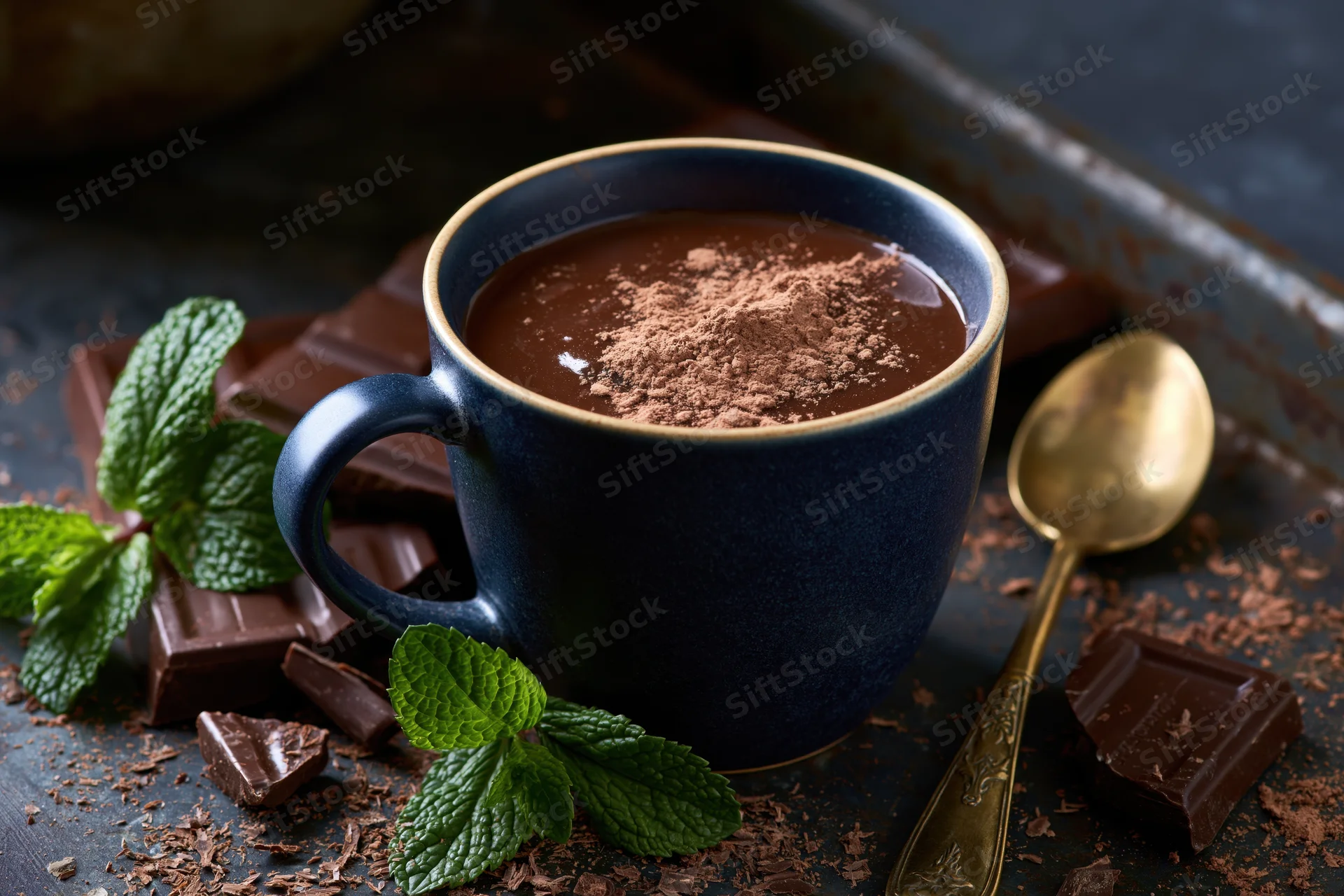 Dark navy ceramic mug filled with thick hot chocolate dusted with cocoa powder, surrounded by chocolate pieces and mint leaves on a rustic tray