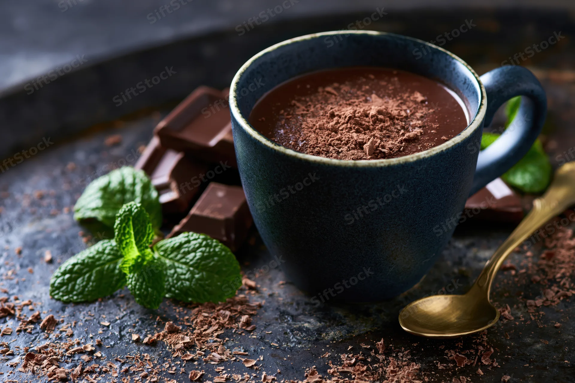 Dark ceramic mug filled with hot chocolate dusted with cocoa powder, garnished with mint leaves and chocolate pieces on a rustic surface