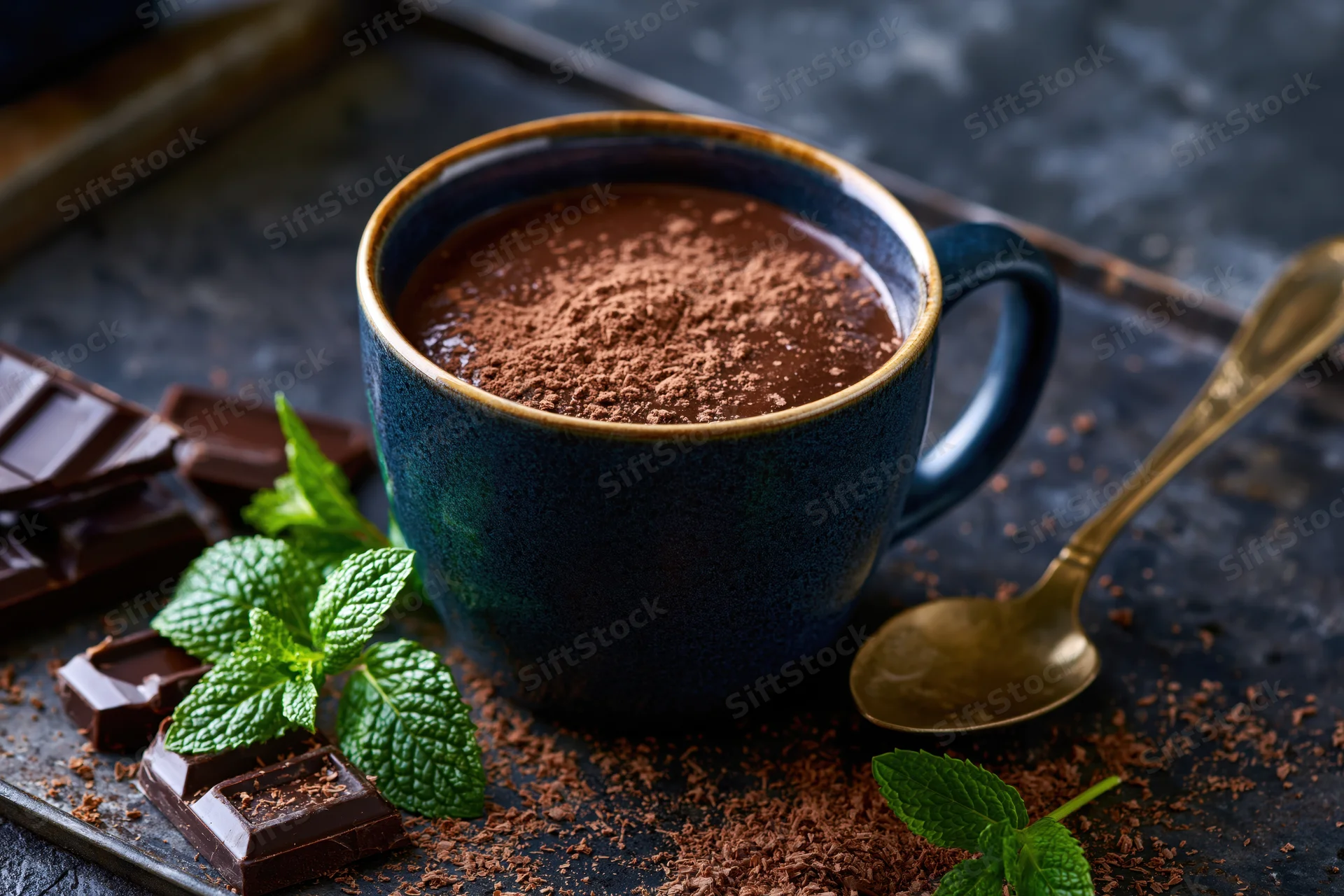 Dark navy ceramic mug filled with thick hot chocolate dusted with cocoa powder, garnished with mint leaves and chocolate pieces on a dark tray