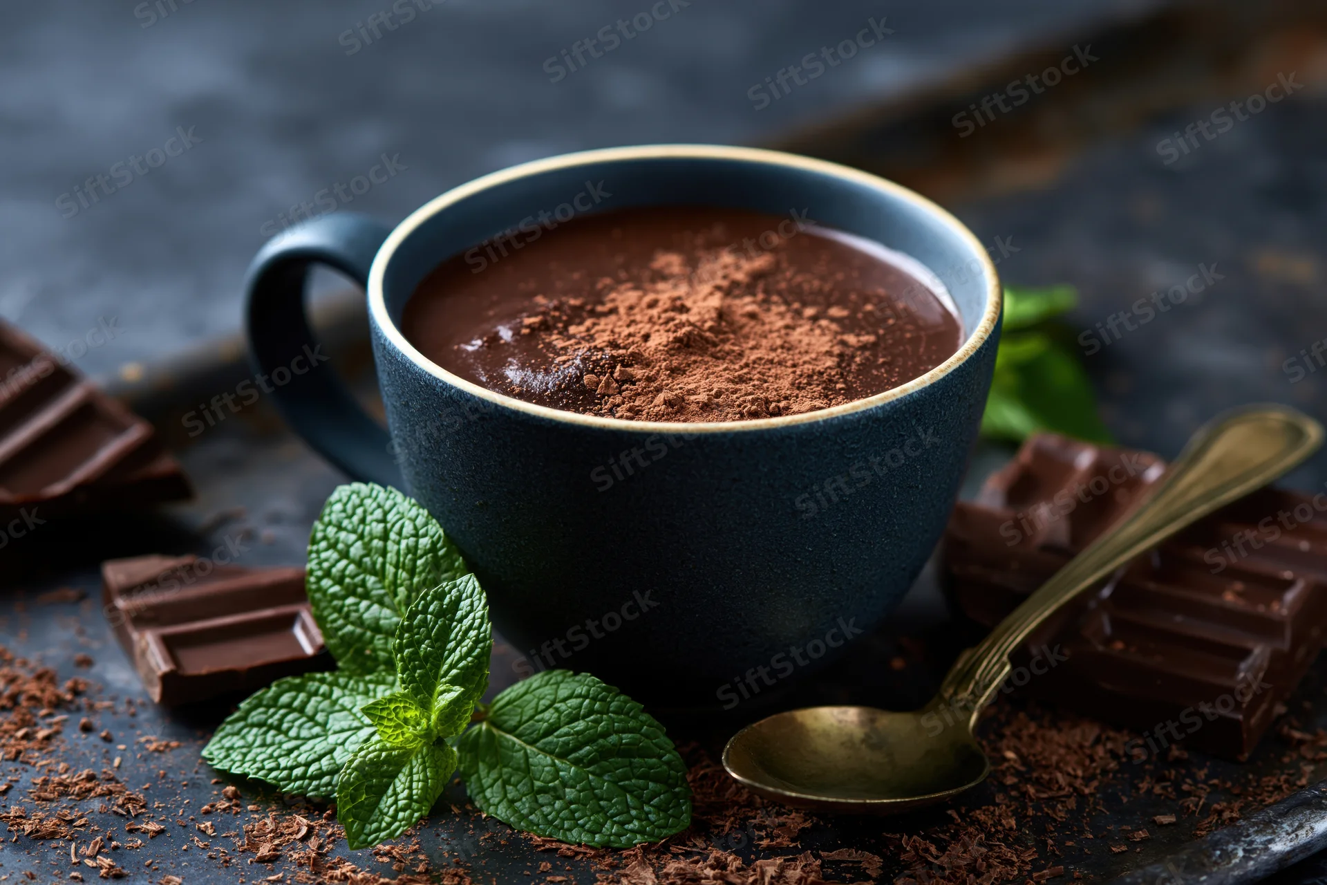 Dark ceramic mug filled with hot chocolate dusted with cocoa powder, surrounded by chocolate bars and mint leaves on a dark textured surface