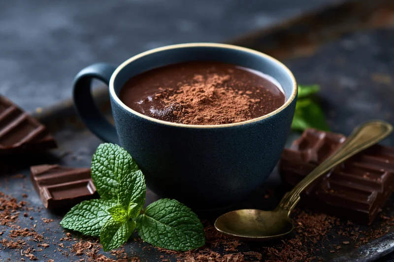 Dark ceramic mug filled with hot chocolate dusted with cocoa powder, surrounded by chocolate bars and mint leaves on a dark textured surface