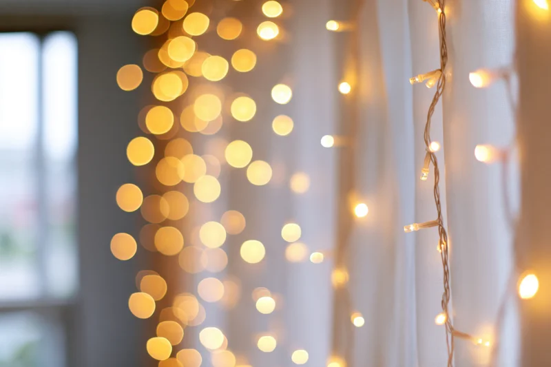 String lights hanging against a sheer white curtain with warm bokeh glow