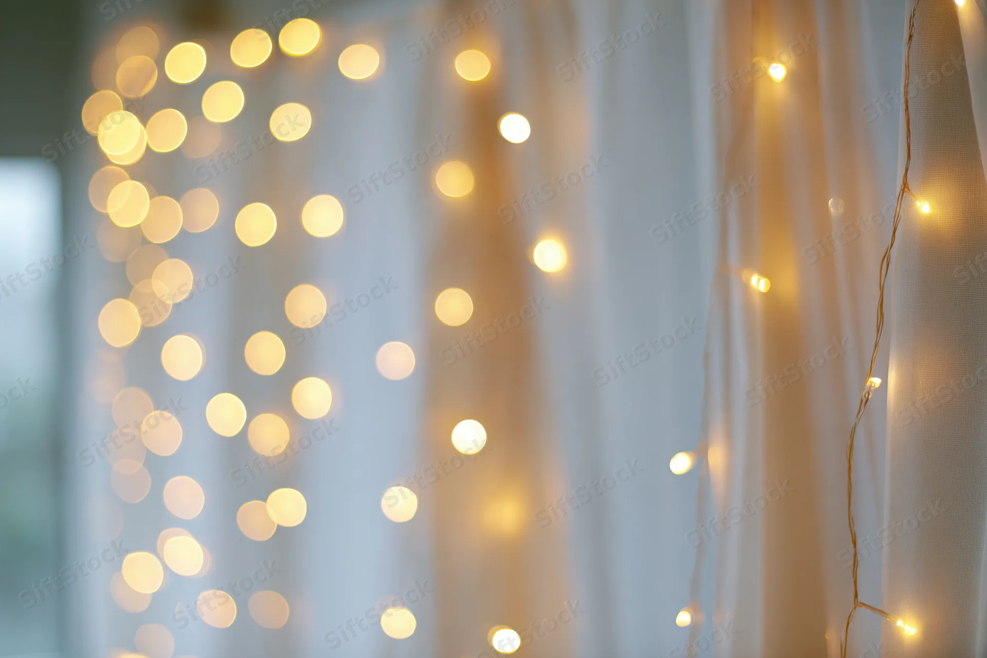 String lights glowing softly against a white curtain in a cozy indoor setting