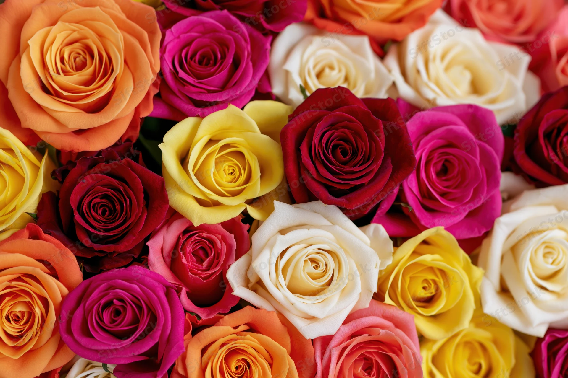 Dense flat-lay of mixed roses packed tightly together filling the frame