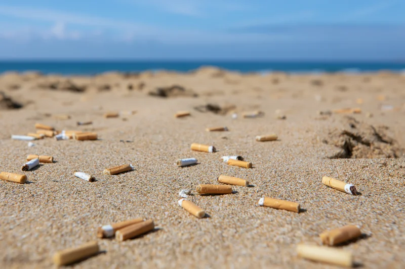 Cigarette butts scattered across sandy beach near ocean