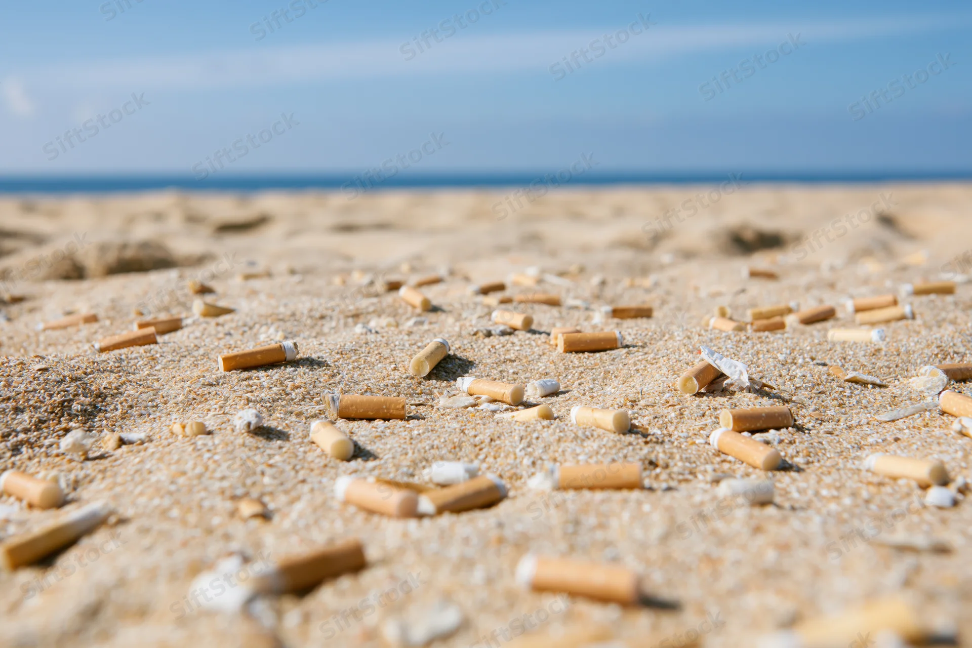 Cigarette butts scattered across sandy beach near ocean under blue sky