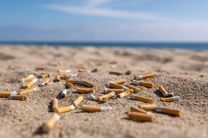 Cigarette butts scattered across sandy beach near ocean