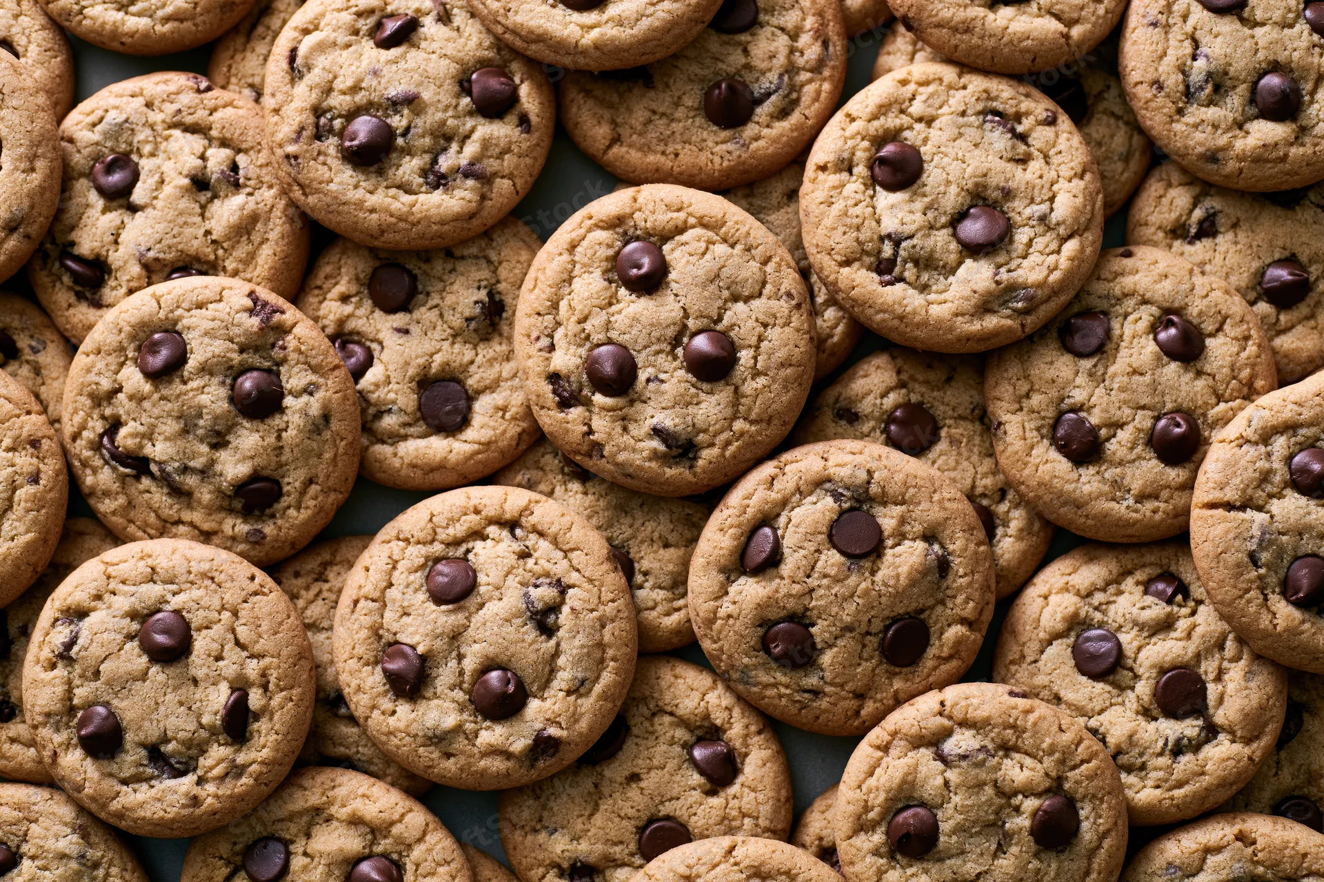 Dozens of freshly baked chocolate chip cookies arranged closely in an overhead view