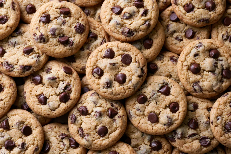 Closeup of freshly baked chocolate chip cookies piled together in a dense arrangement