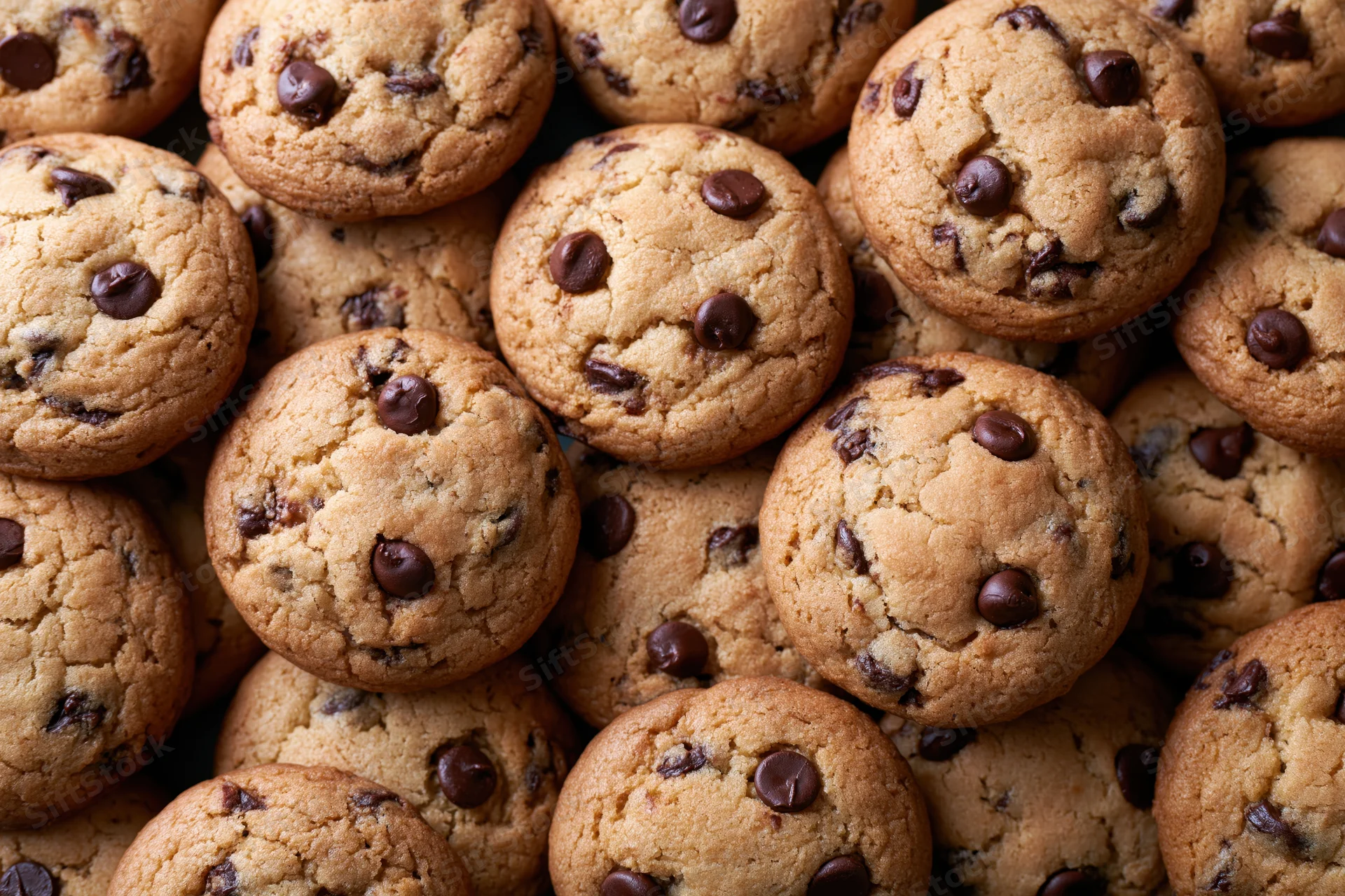 Closeup of dozens of freshly baked chocolate chip cookies arranged in a pile