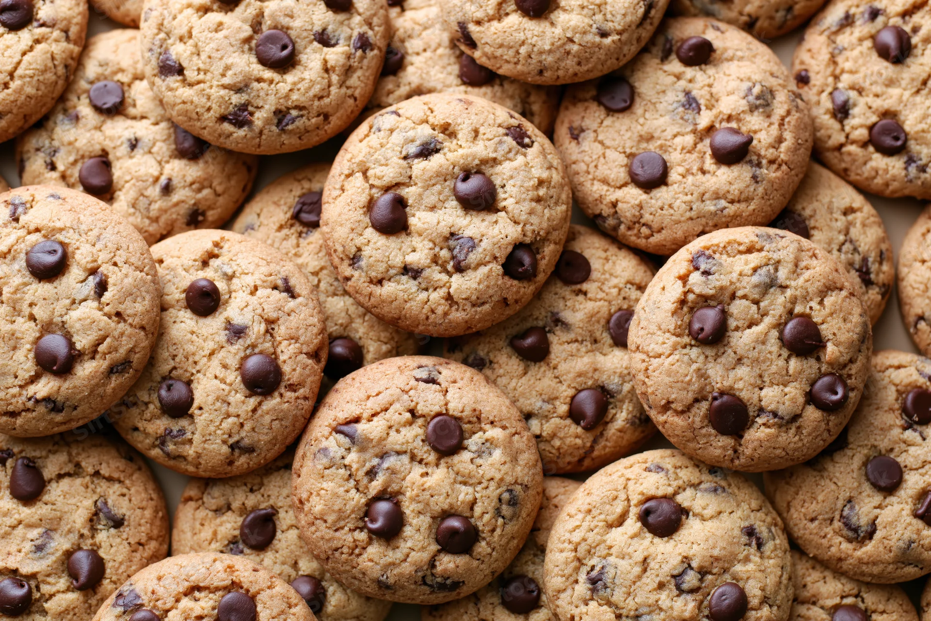 Closeup of freshly baked chocolate chip cookies piled together on a flat surface
