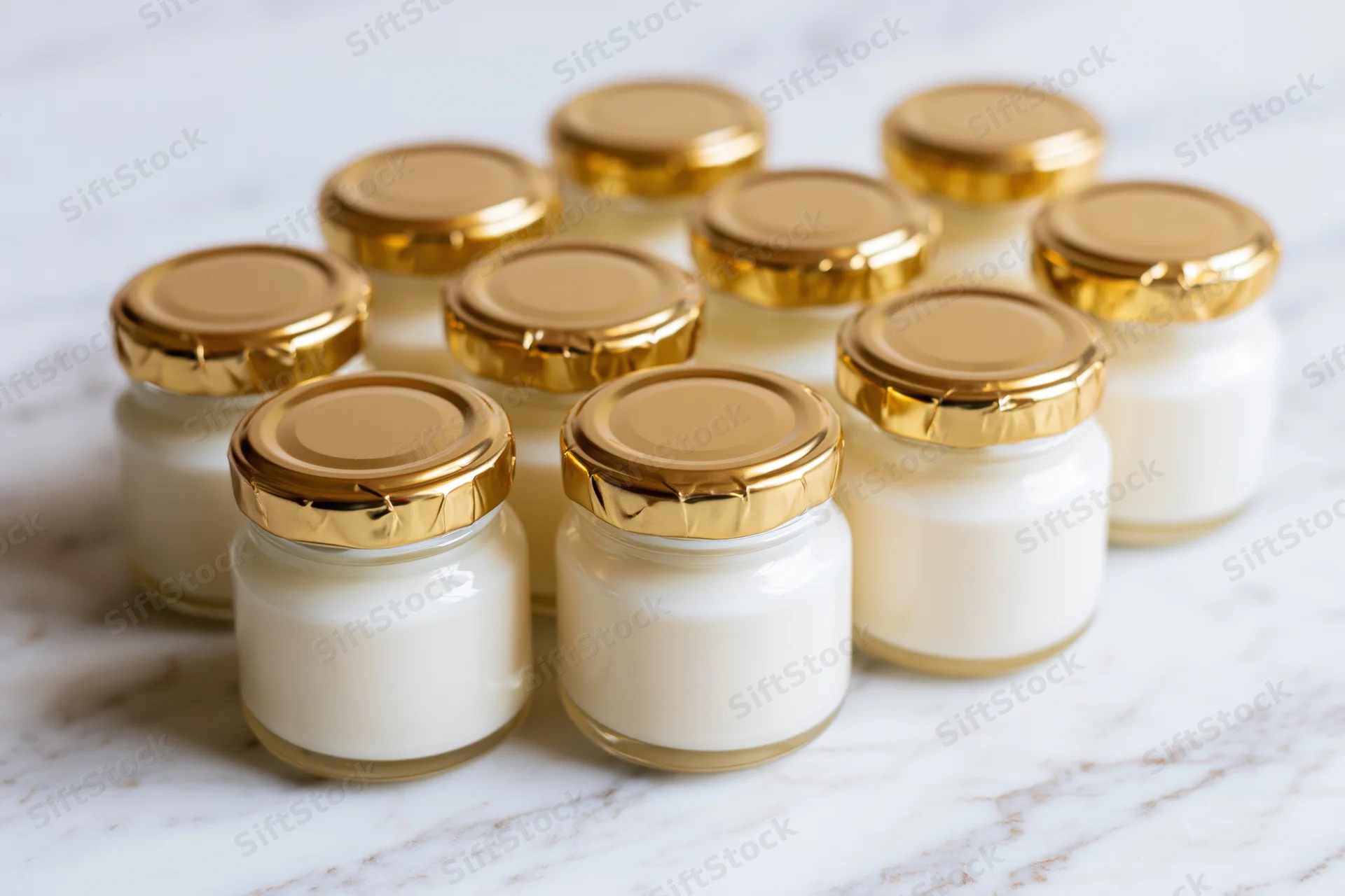 Small glass jars filled with white yogurt sealed with gold lids arranged on a marble surface