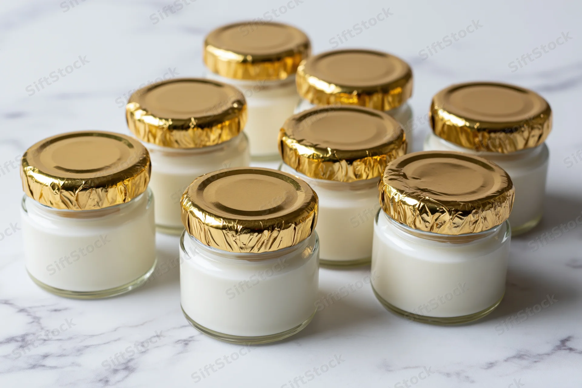 Eight small glass jars filled with white yogurt sealed with gold lids arranged on a marble countertop
