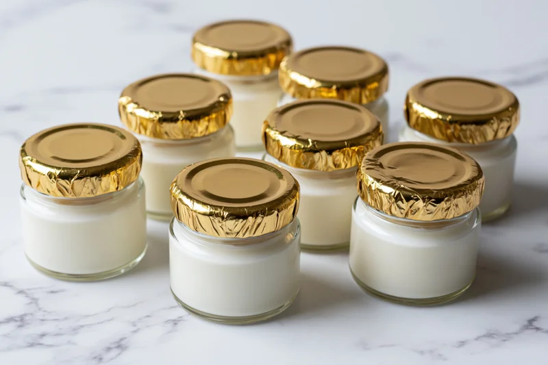 Eight small glass jars filled with white yogurt sealed with gold lids arranged on a marble countertop