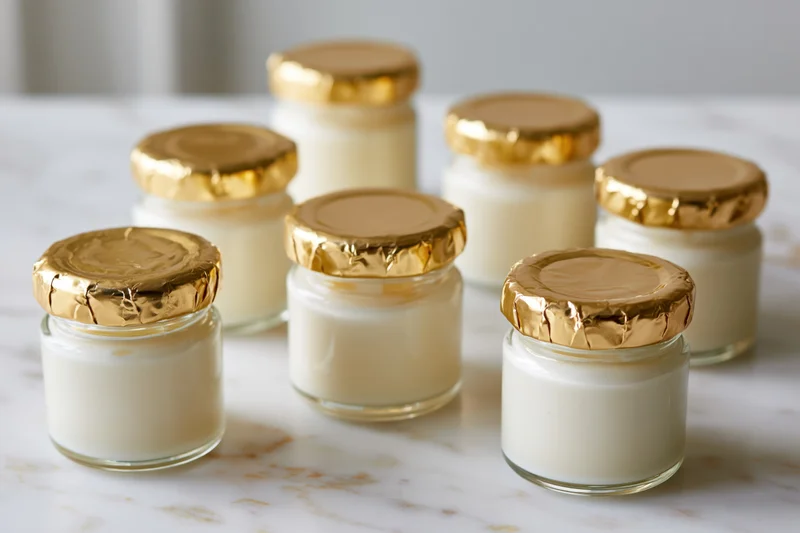 Small glass jars filled with white yogurt sealed with gold lids arranged on a marble countertop