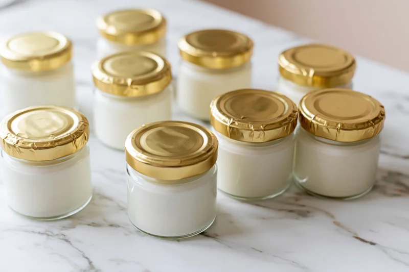 Small glass jars filled with white yogurt sealed with gold lids arranged on a marble countertop