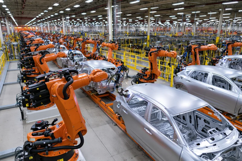 Orange robotic arms assembling silver car chassis on conveyor line in automotive factory