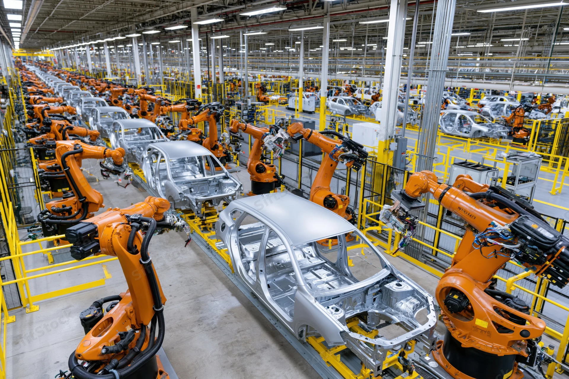Robotic arms welding car chassis on assembly line in automotive factory