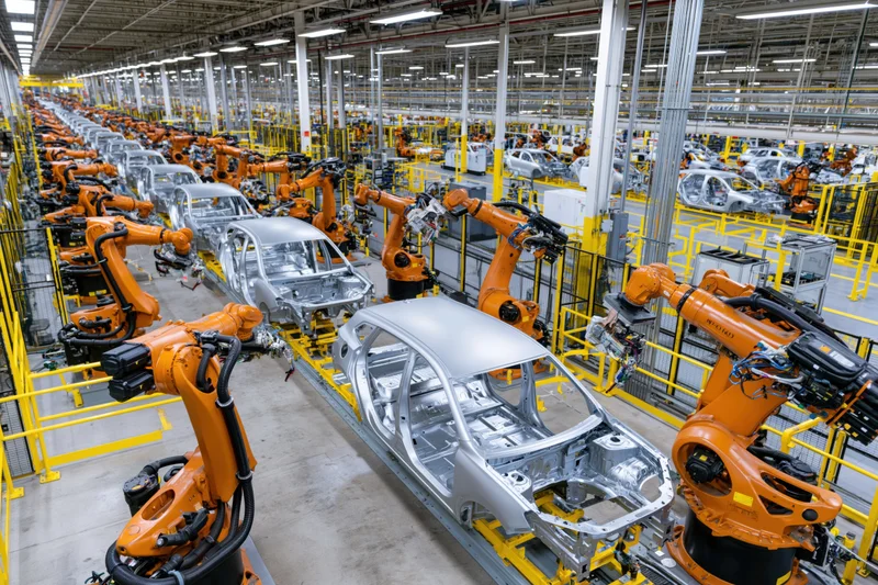 Robotic arms welding car chassis on assembly line in automotive factory