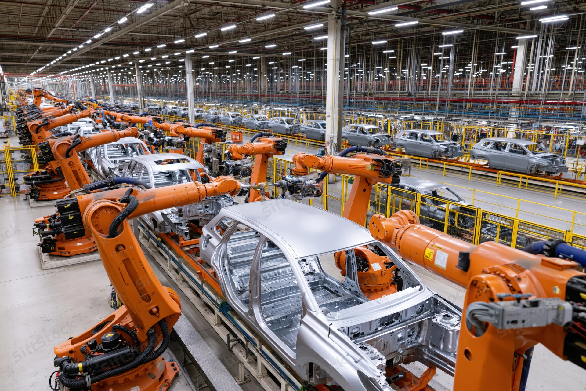Robotic arms assembling car chassis on conveyor line in automotive factory
