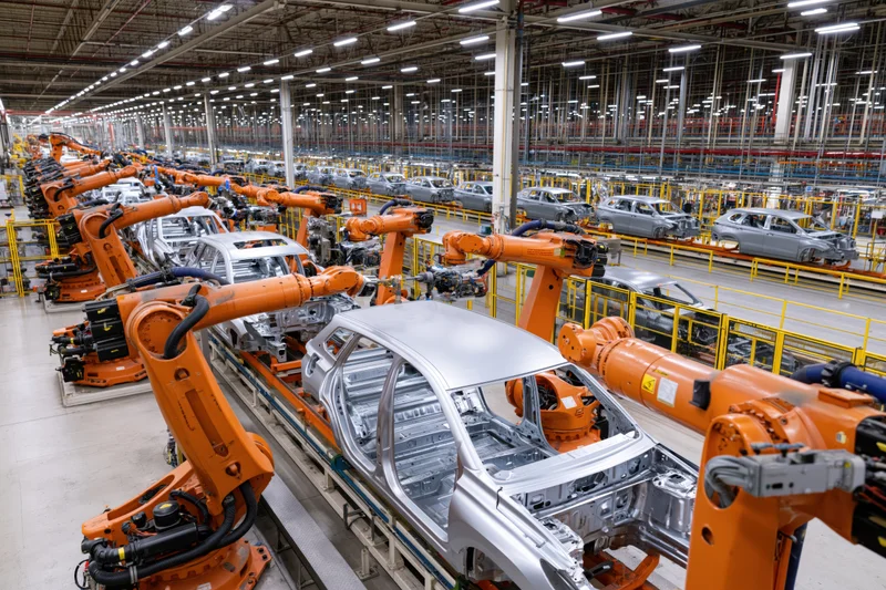 Robotic arms assembling car chassis on conveyor line in automotive factory