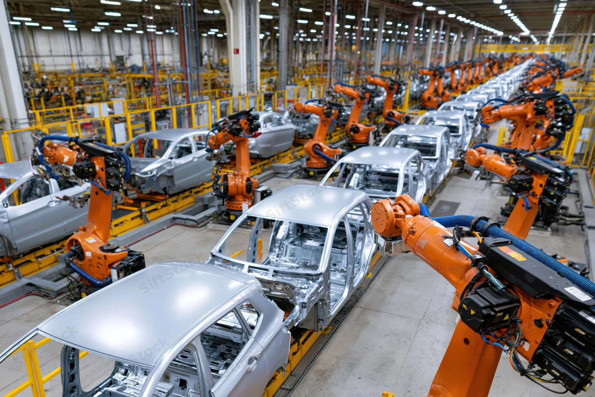 Robotic arms assembling car chassis on a production line in an automotive factory