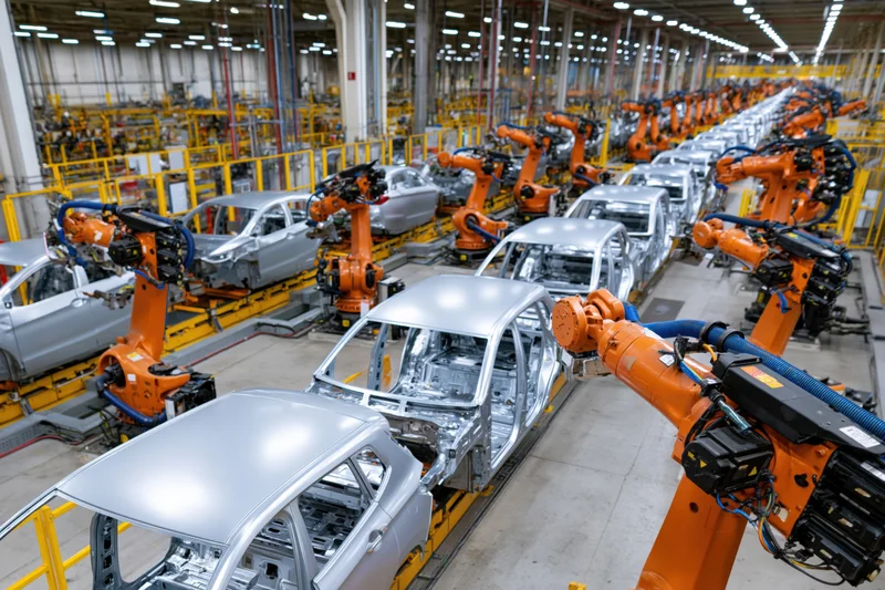 Robotic arms assembling car chassis on a production line in an automotive factory