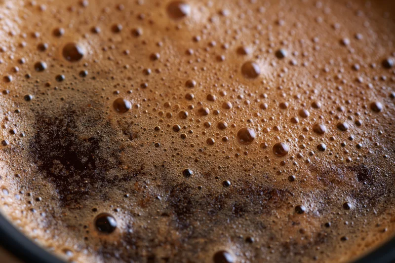 Close-up of freshly brewed black coffee with crema and bubbles on surface