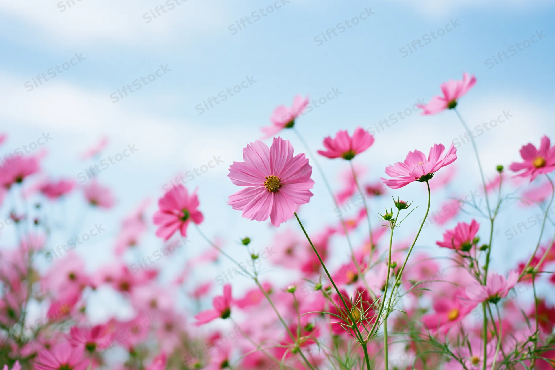 Pink cosmos flowers in full bloom in a field under a blue sky