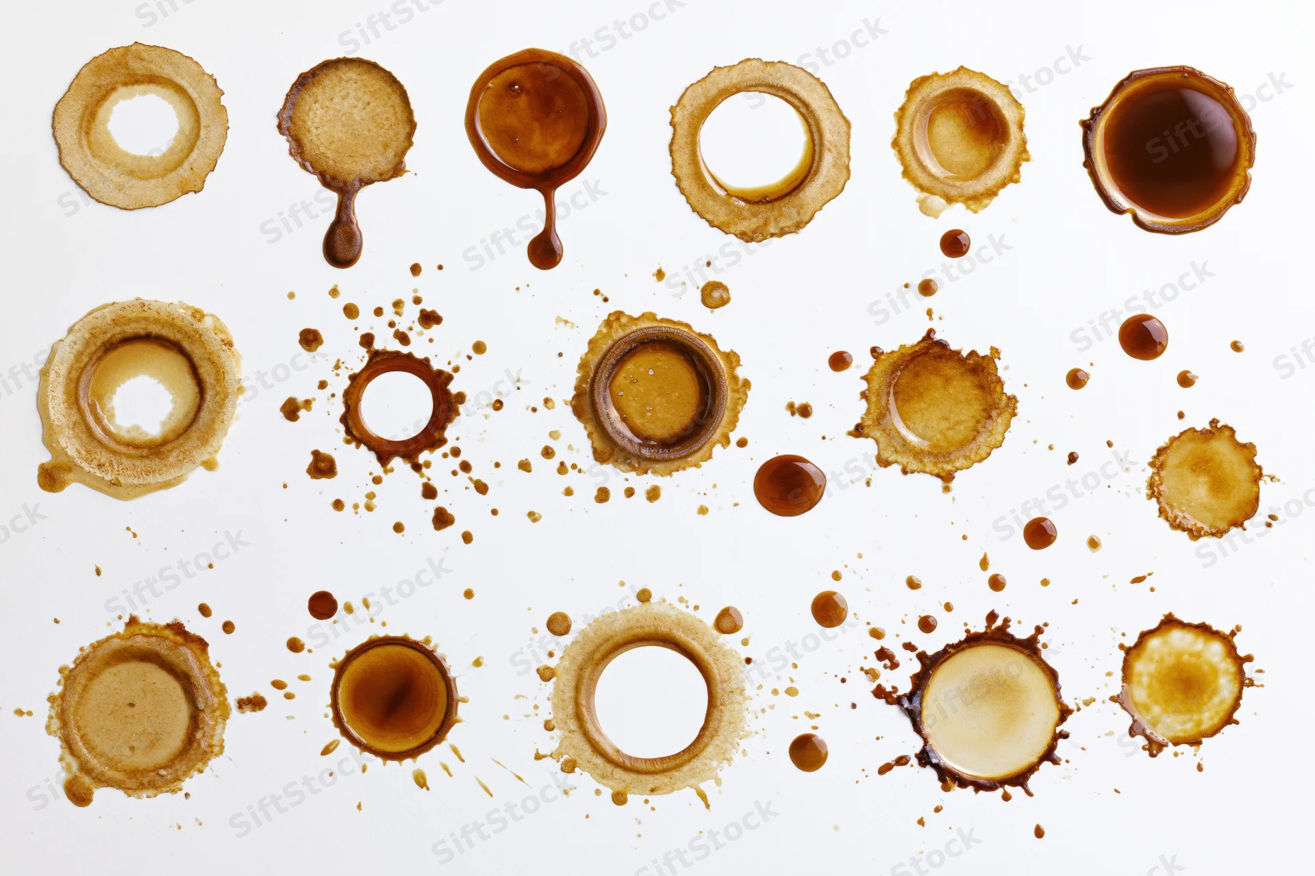 Coffee stains and splatter marks arranged in rows on white surface