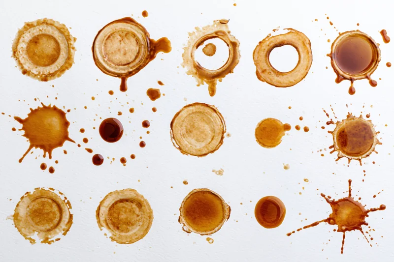 Coffee stains and splatter marks arranged in rows on white background
