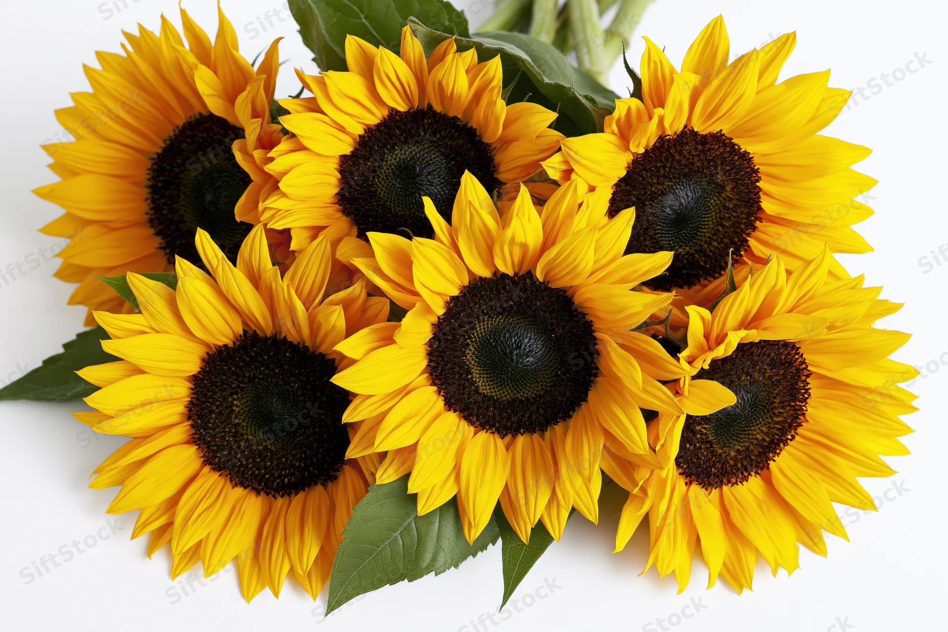 Five sunflowers arranged in a loose flat bouquet on white background