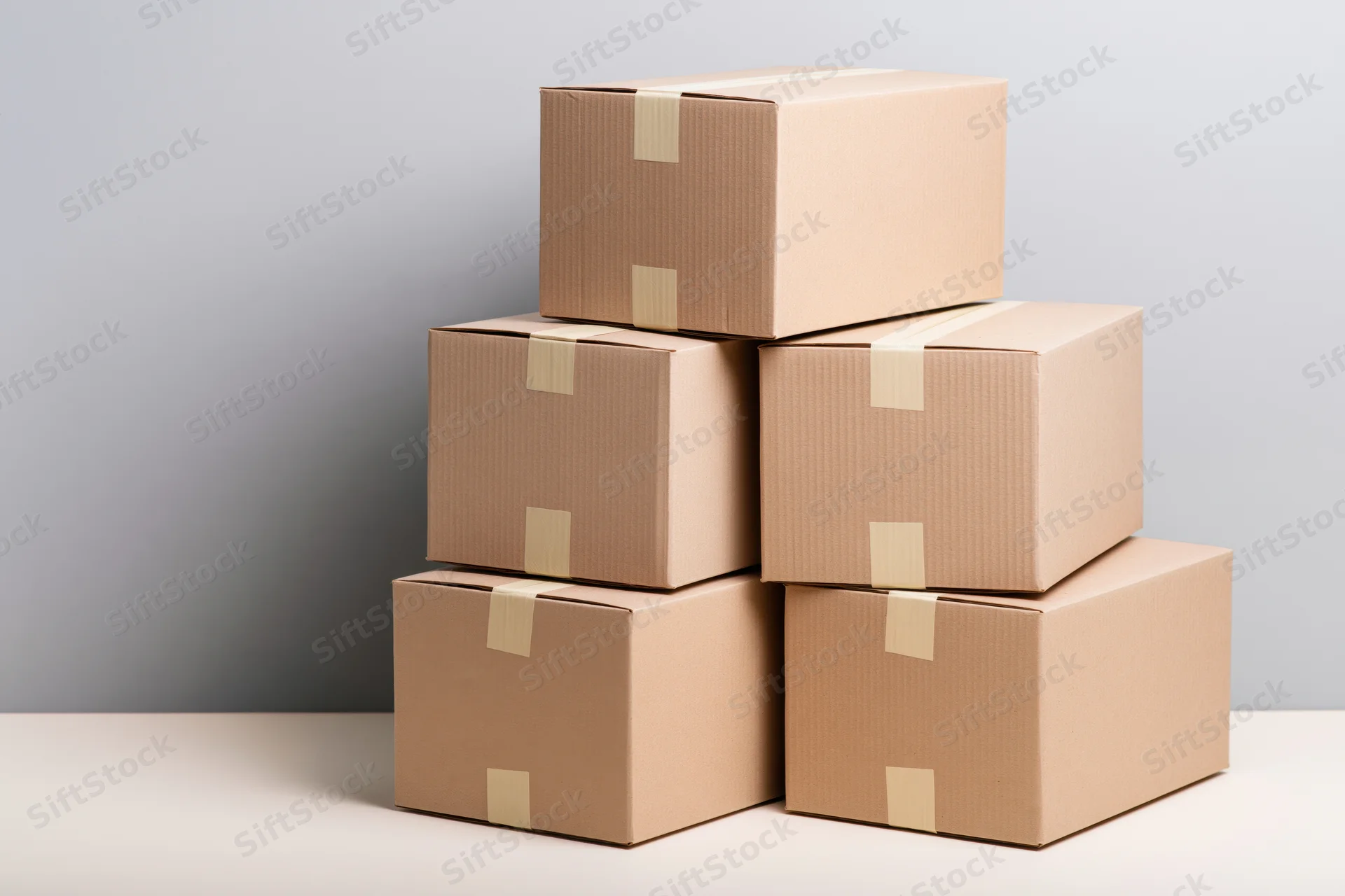 Five sealed cardboard shipping boxes stacked in a pyramid arrangement on a plain surface