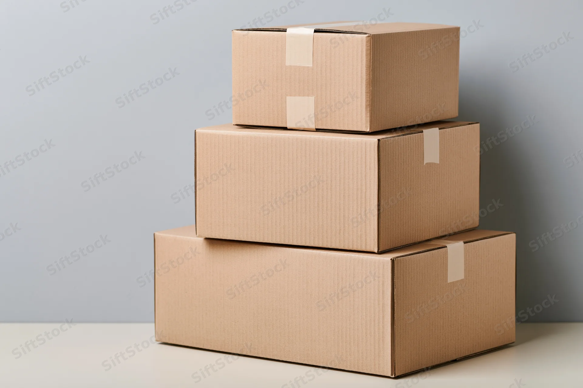 Three cardboard shipping boxes stacked in a pyramid on a plain surface