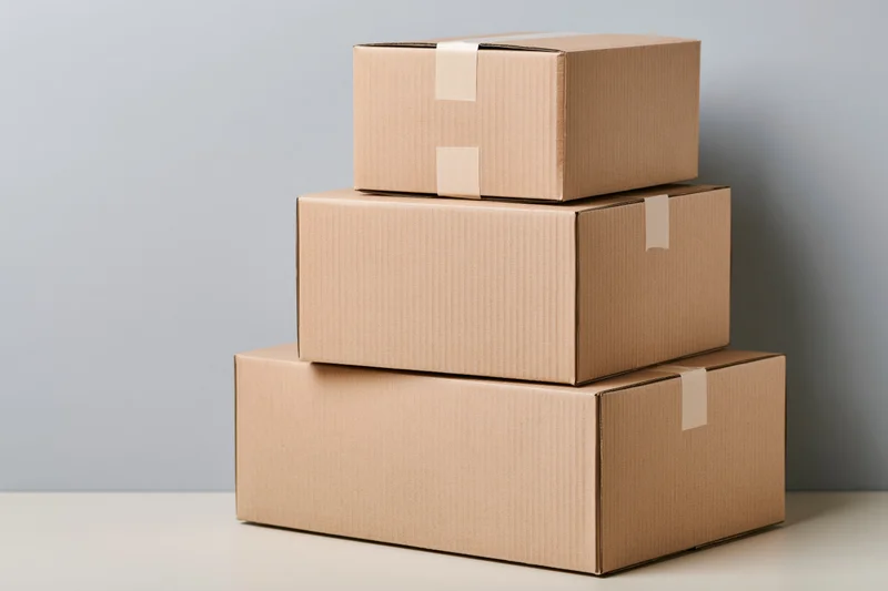 Three cardboard shipping boxes stacked in a pyramid on a plain surface